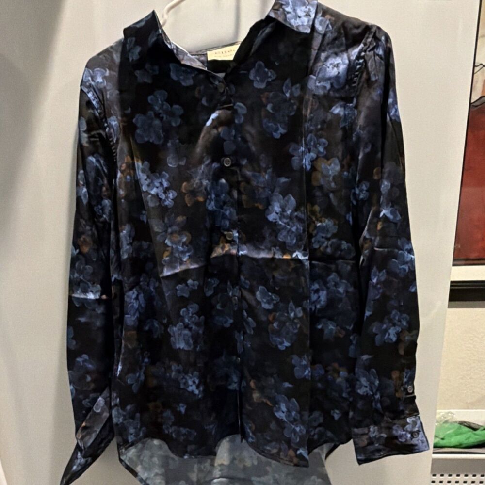 Elie Tahari Black Blue Floral Satin Button-Up Blouse Collared Long Sleeve M